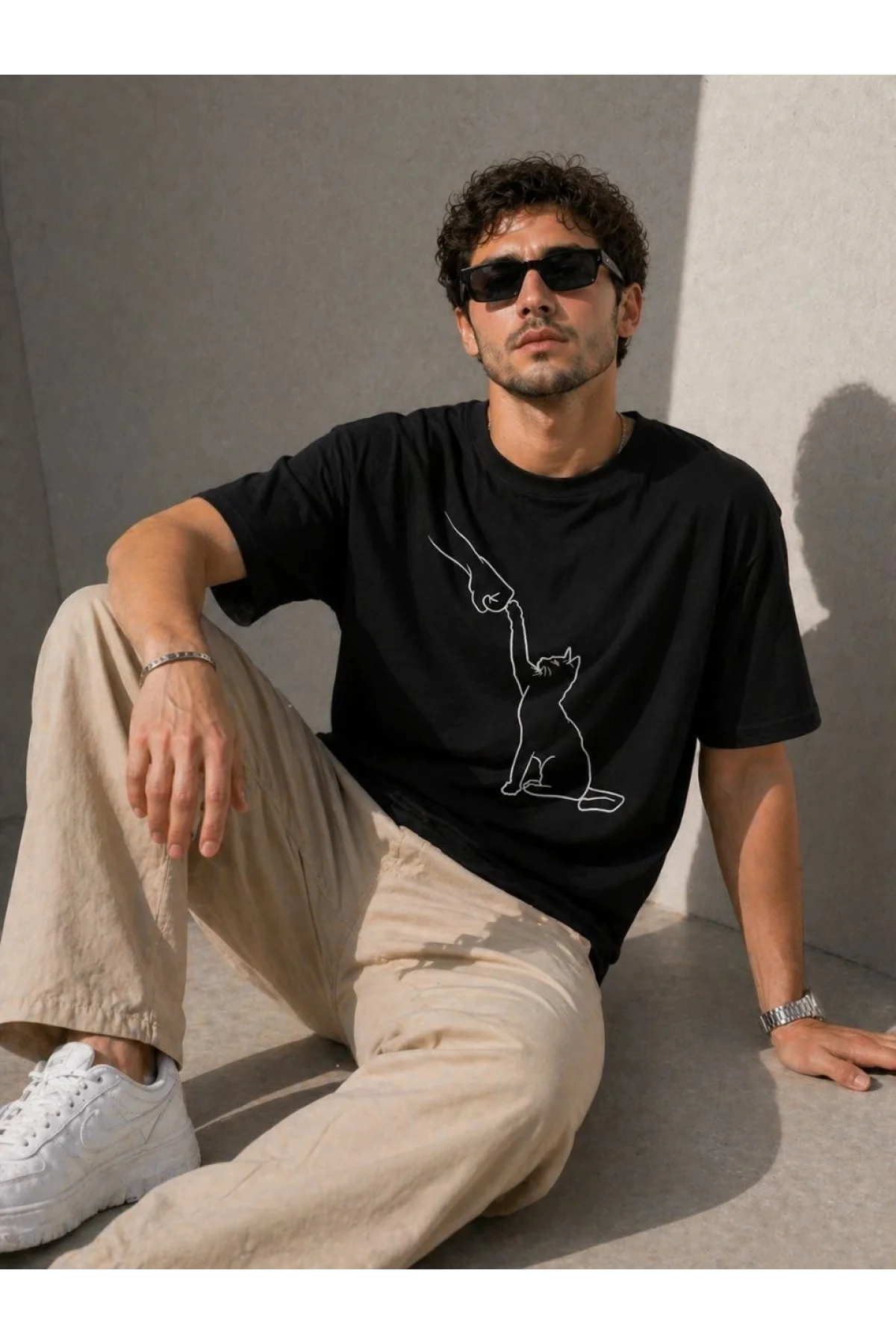 Erkek Minimal Kedi Çizim Baskılı Tişört Kısa Kol Yazlık T-Shirt - Siyah