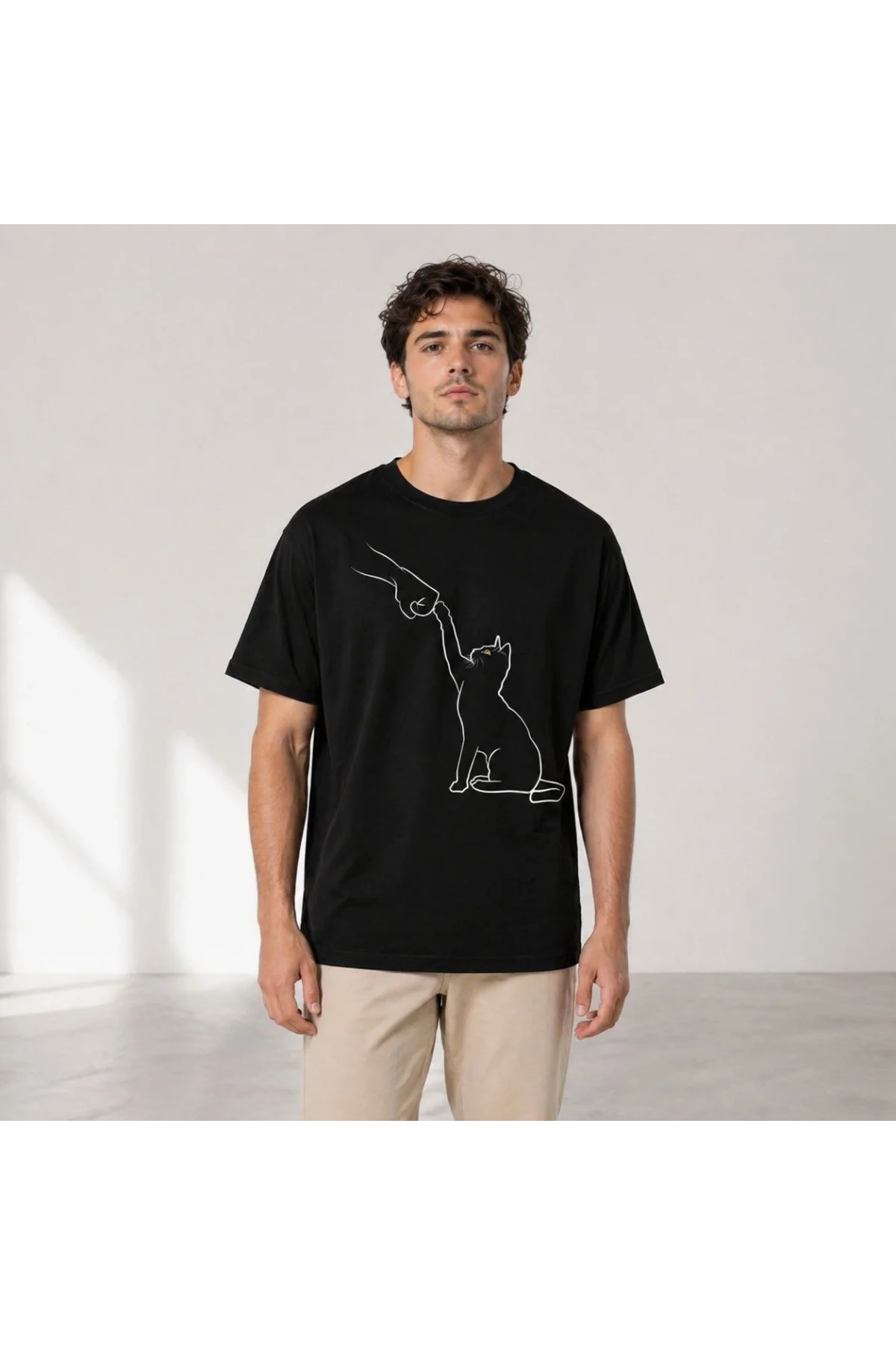 Erkek Minimal Kedi Çizim Baskılı Tişört Kısa Kol Yazlık T-Shirt - Siyah