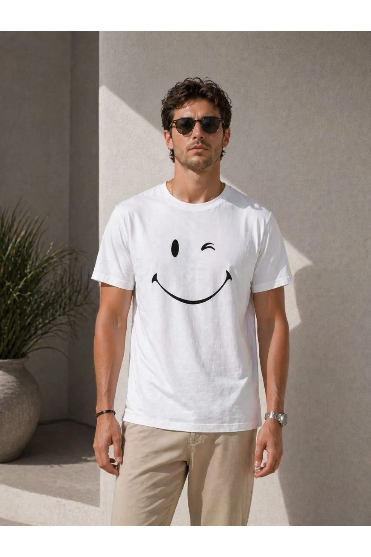Erkek Minimal Gülümseyen Yüz Baskılı Tişört Kısa Kol Yazlık T-Shirt - Beyaz