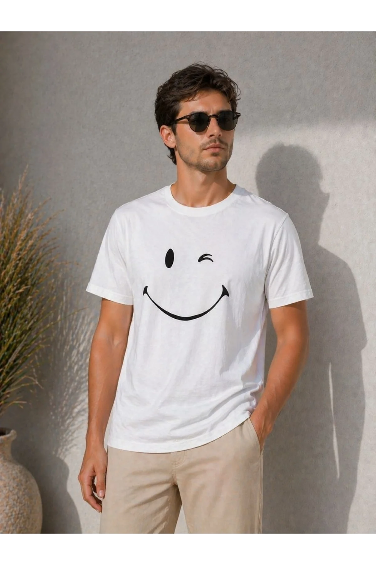 Erkek Minimal Gülümseyen Yüz Baskılı Tişört Kısa Kol Yazlık T-Shirt - Beyaz