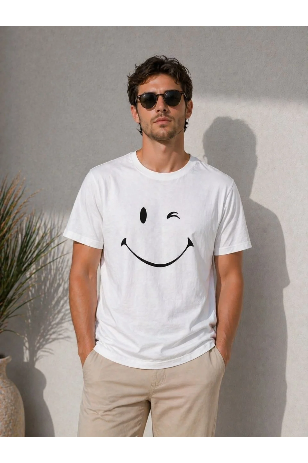 Erkek Minimal Gülümseyen Yüz Baskılı Tişört Kısa Kol Yazlık T-Shirt - Beyaz