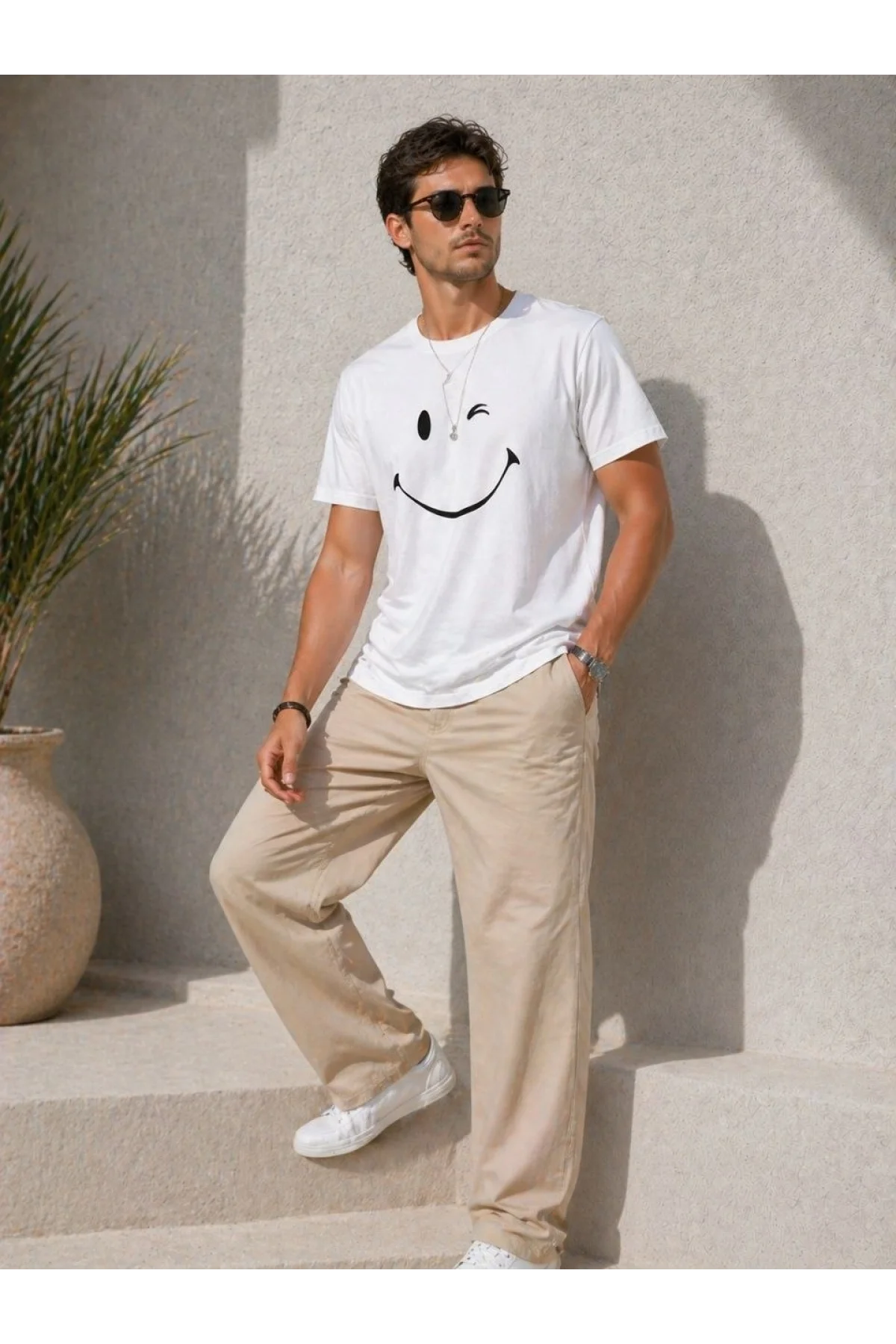 Erkek Minimal Gülümseyen Yüz Baskılı Tişört Kısa Kol Yazlık T-Shirt - Beyaz