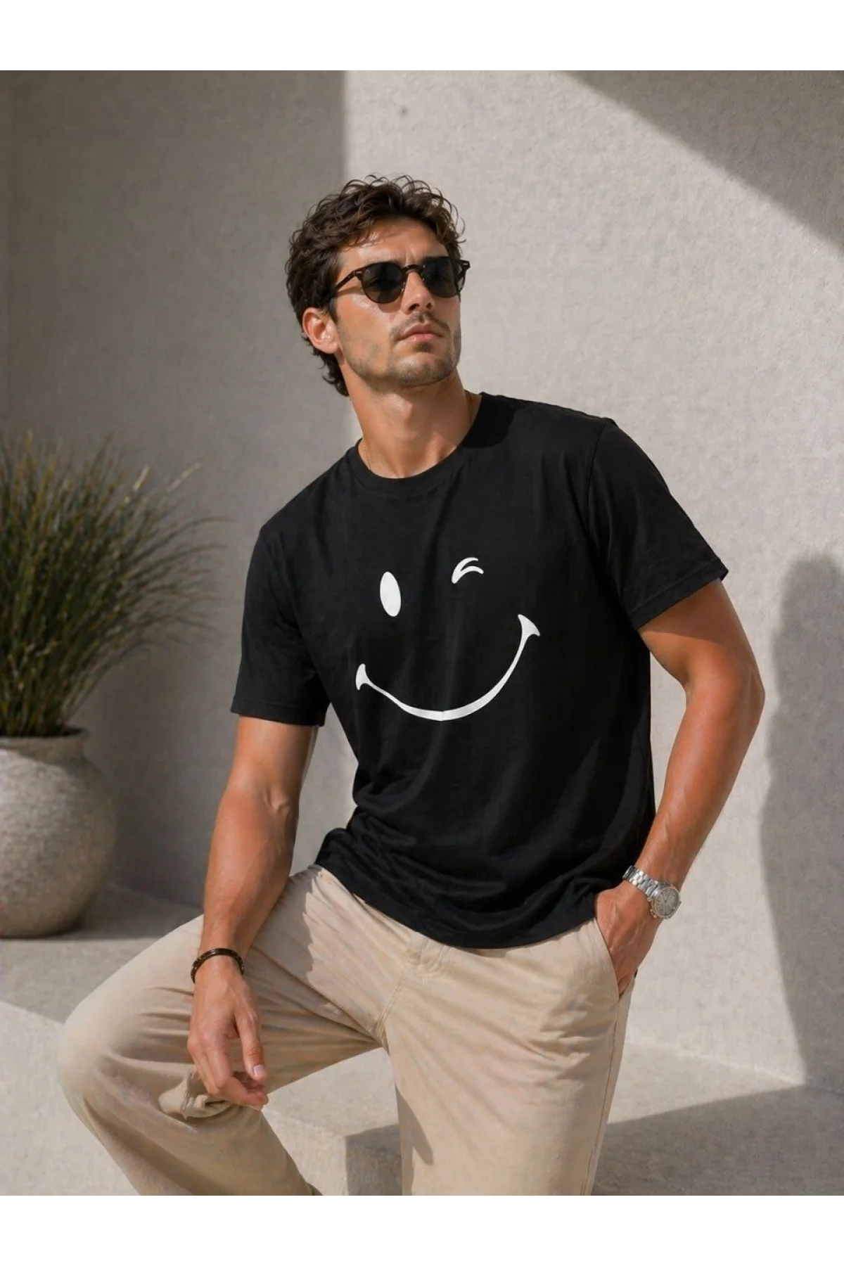 Erkek Minimal Gülümseyen Yüz Baskılı Tişört Kısa Kol Yazlık T-Shirt - Siyah