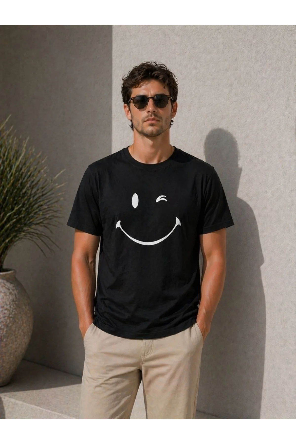 Erkek Minimal Gülümseyen Yüz Baskılı Tişört Kısa Kol Yazlık T-Shirt - Siyah
