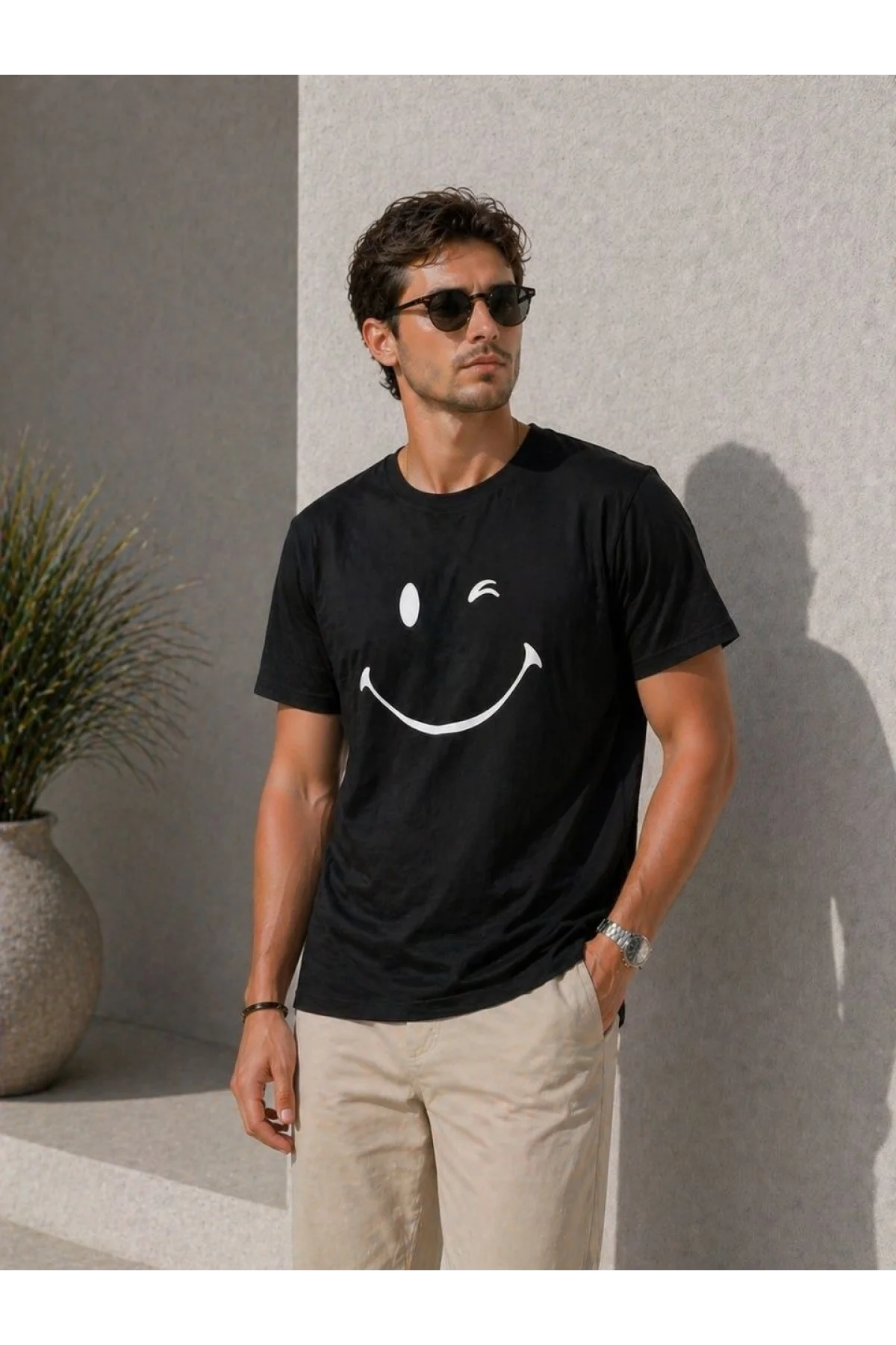 Erkek Minimal Gülümseyen Yüz Baskılı Tişört Kısa Kol Yazlık T-Shirt - Siyah