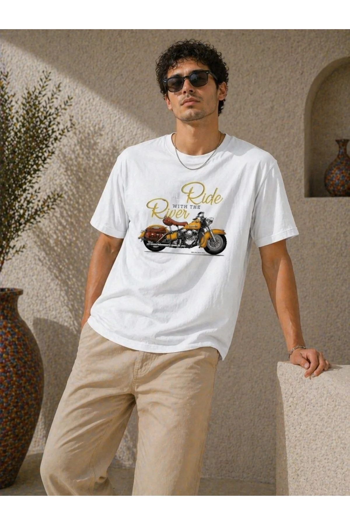 Erkek Motosiklet Baskılı Tişört Bisiklet Yaka Kısa Kol Yazlık T-Shirt - Beyaz