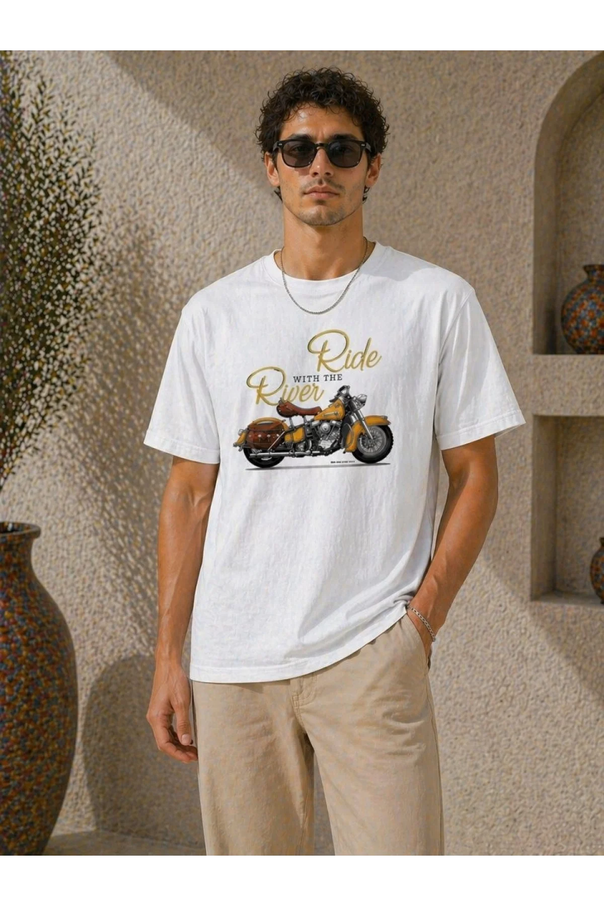Erkek Motosiklet Baskılı Tişört Bisiklet Yaka Kısa Kol Yazlık T-Shirt - Beyaz