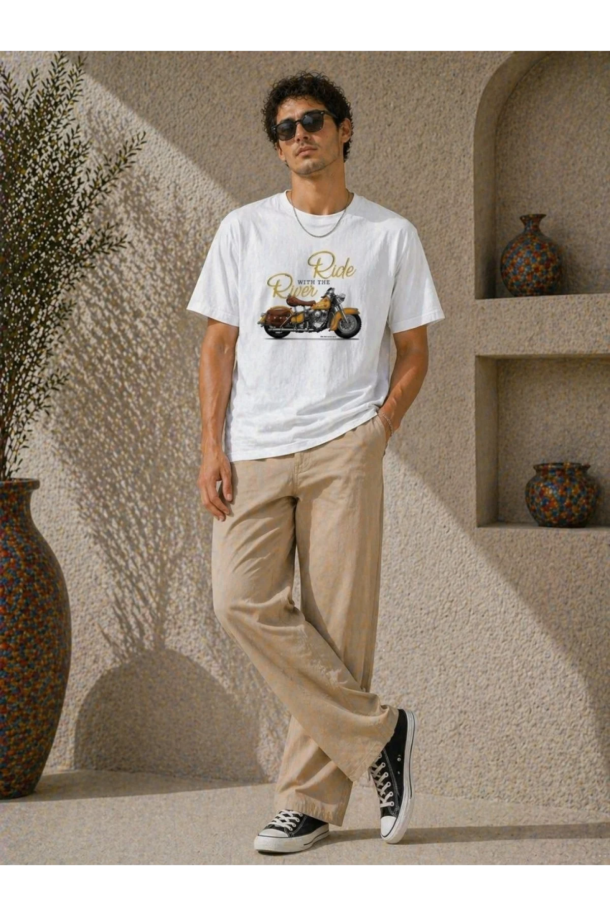 Erkek Motosiklet Baskılı Tişört Bisiklet Yaka Kısa Kol Yazlık T-Shirt - Beyaz