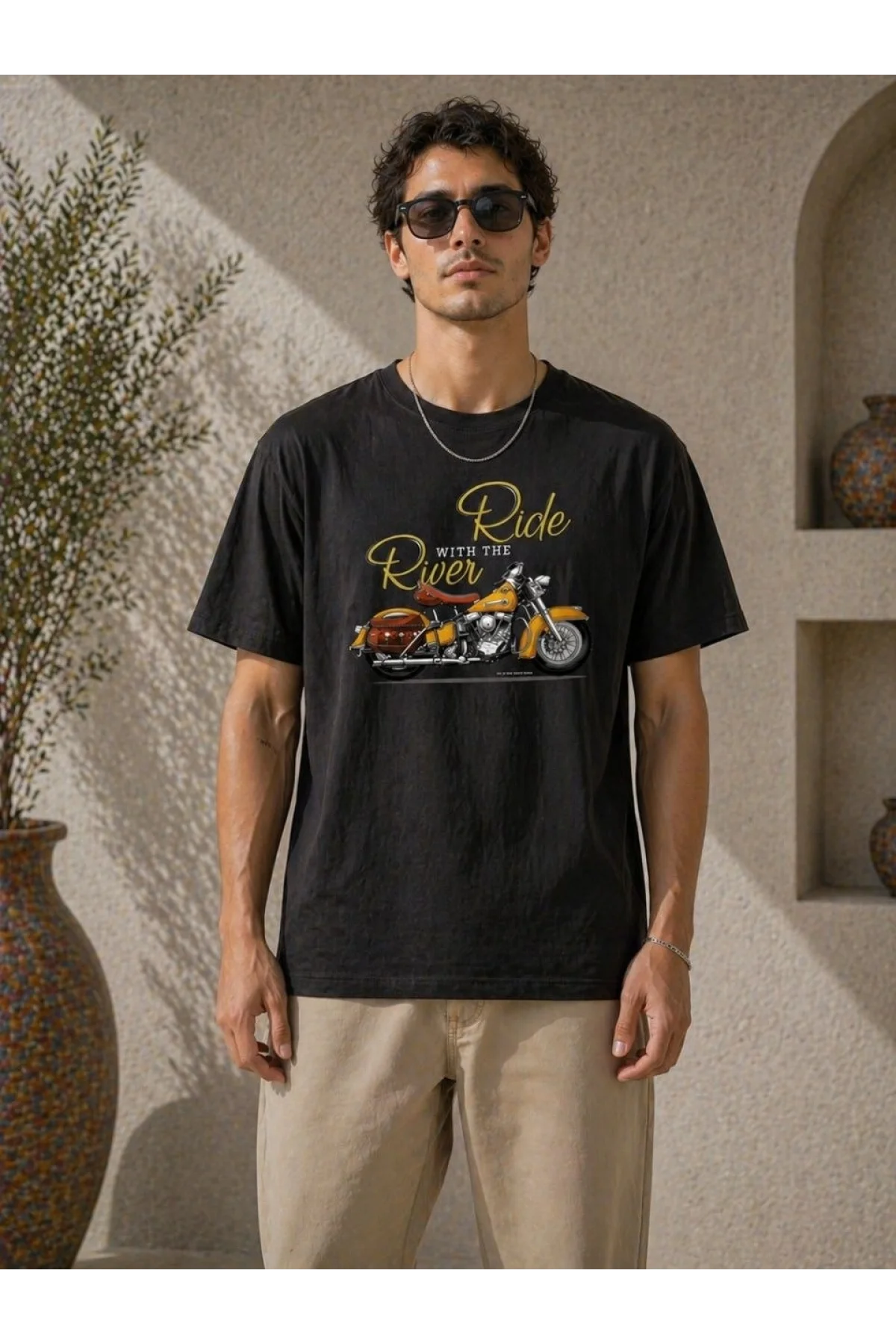 Erkek Motosiklet Baskılı Tişört Bisiklet Yaka Kısa Kol Yazlık T-Shirt - Siyah