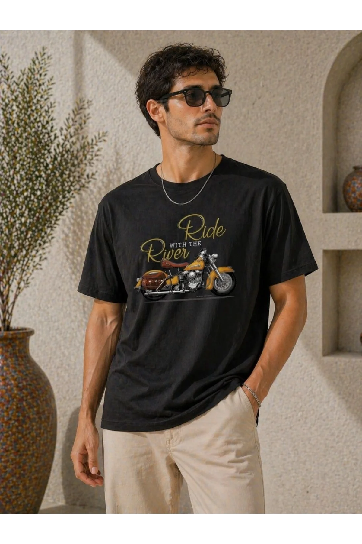 Erkek Motosiklet Baskılı Tişört Bisiklet Yaka Kısa Kol Yazlık T-Shirt - Siyah