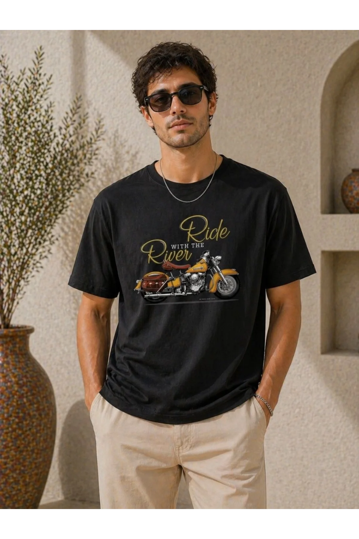Erkek Motosiklet Baskılı Tişört Bisiklet Yaka Kısa Kol Yazlık T-Shirt - Siyah
