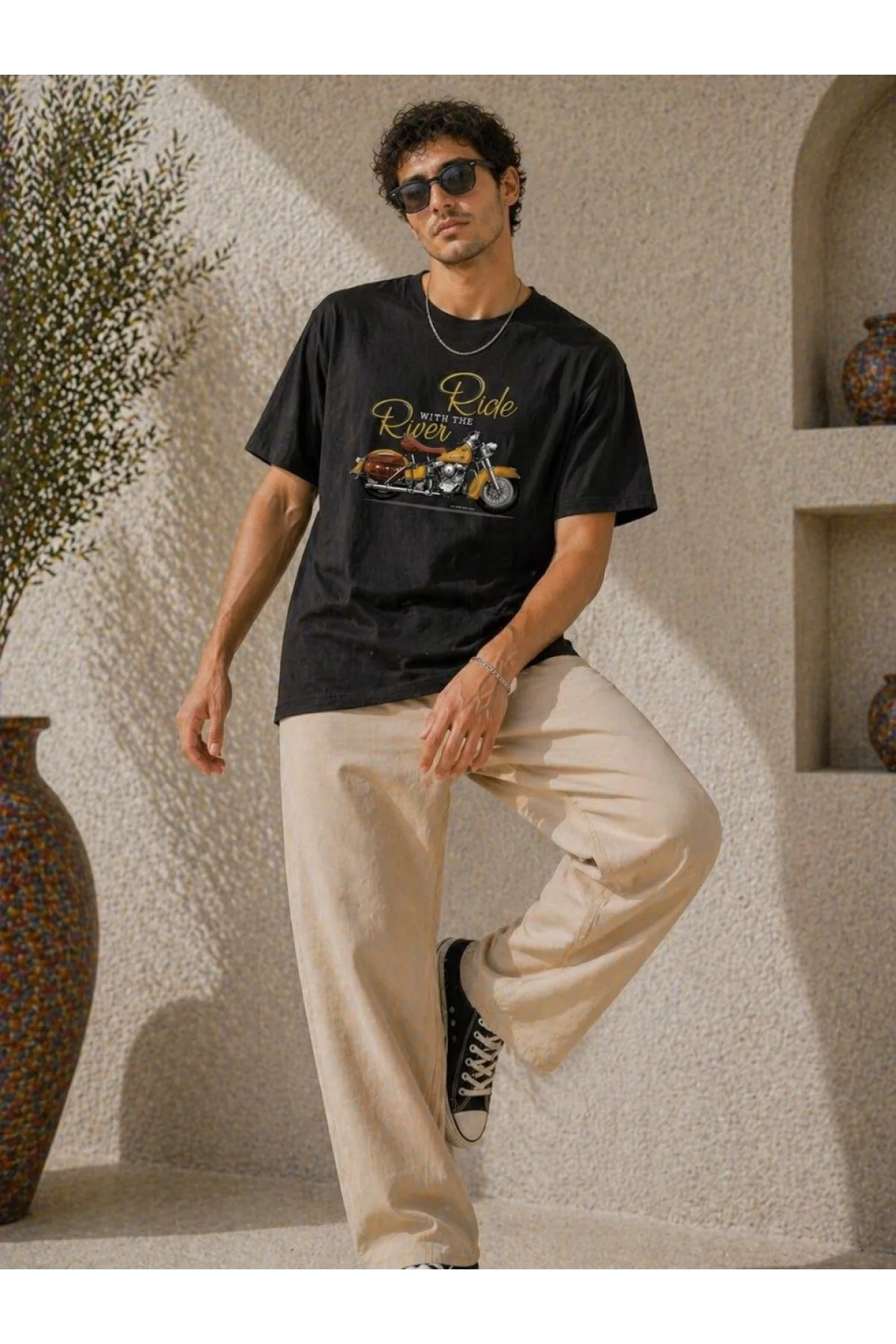 Erkek Motosiklet Baskılı Tişört Bisiklet Yaka Kısa Kol Yazlık T-Shirt - Siyah