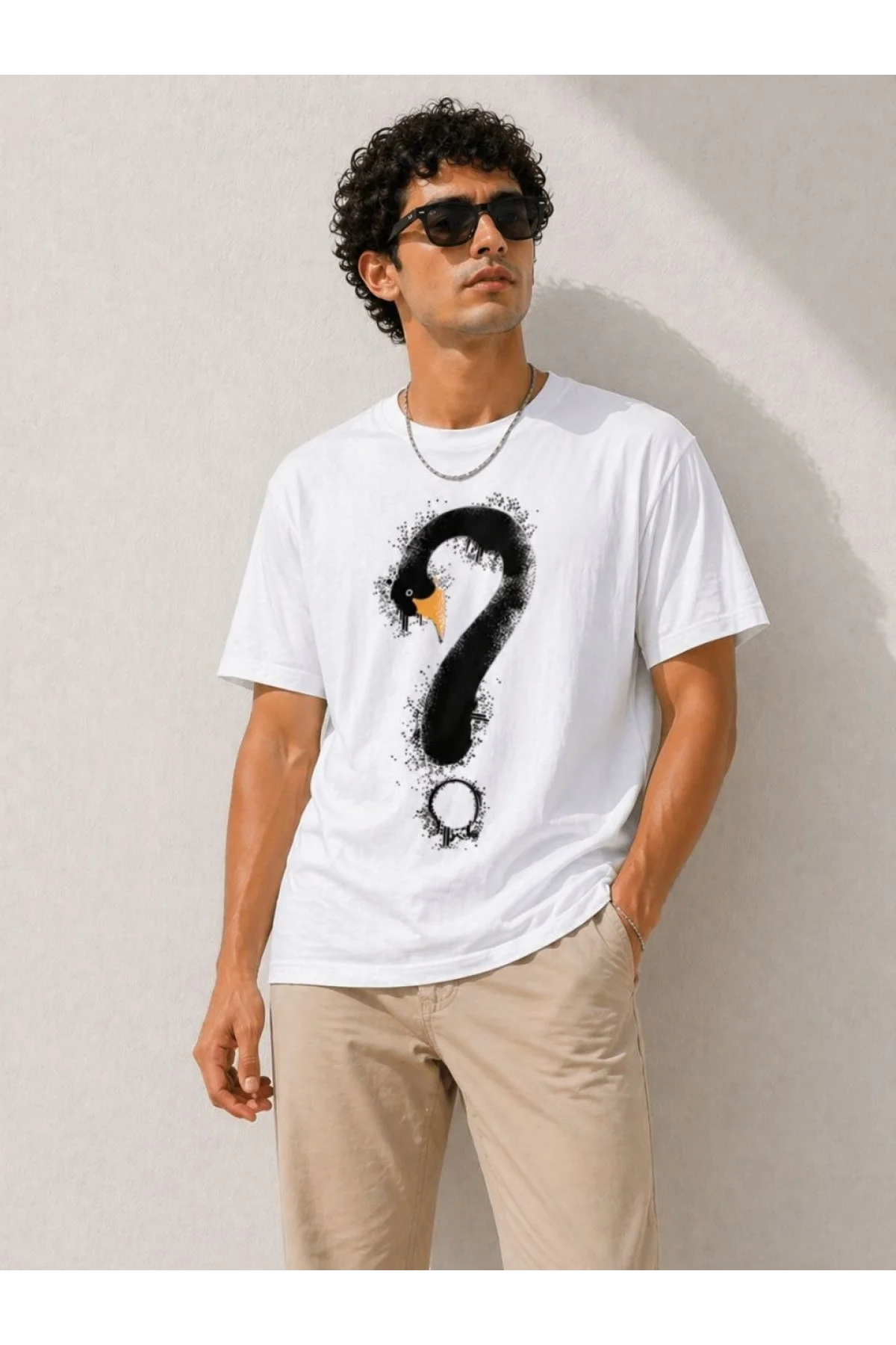 Erkek Kuğu Figürlü Soru İşareti Baskılı Tişört Kısa Kol T-Shirt - Beyaz