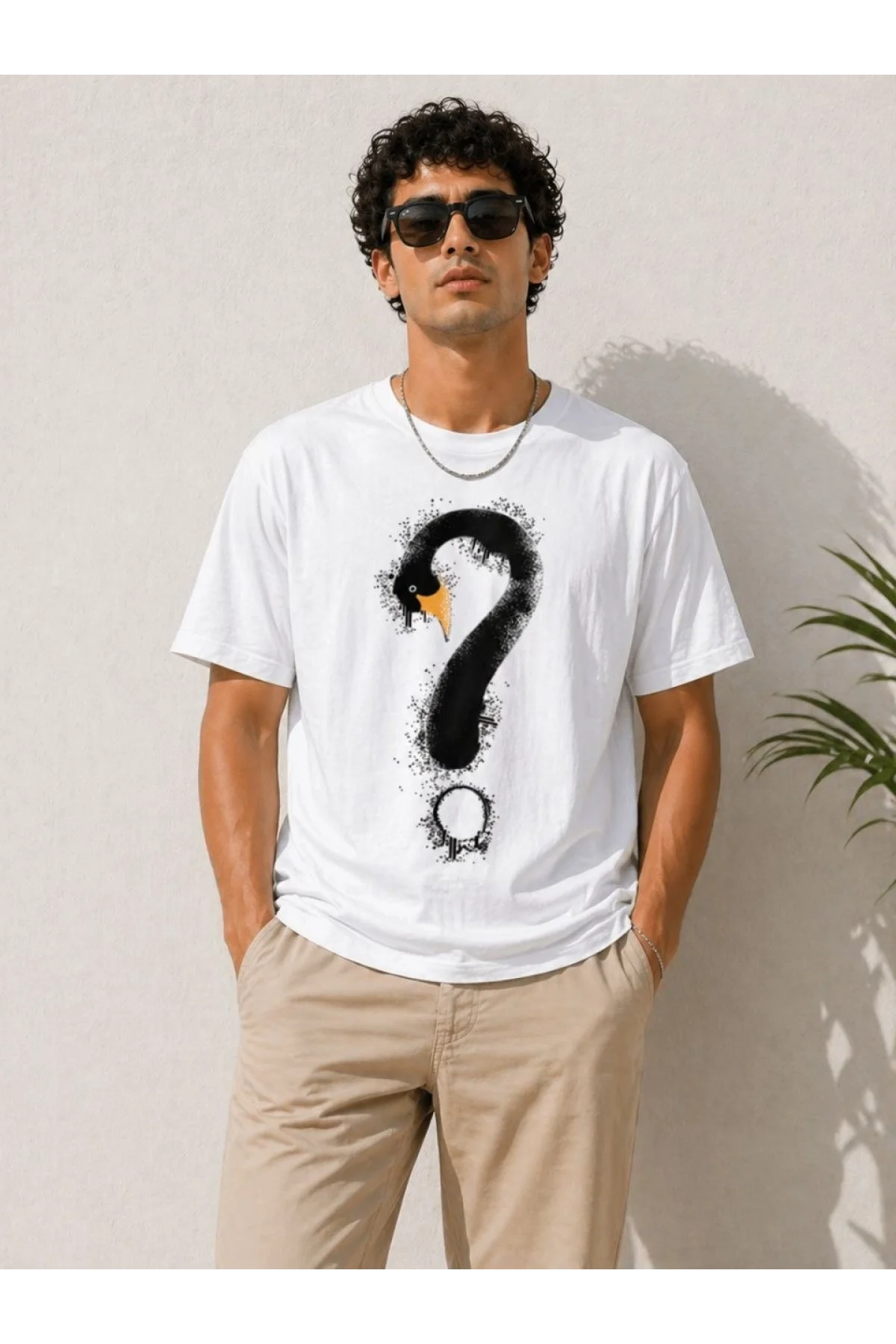 Erkek Kuğu Figürlü Soru İşareti Baskılı Tişört Kısa Kol T-Shirt - Beyaz
