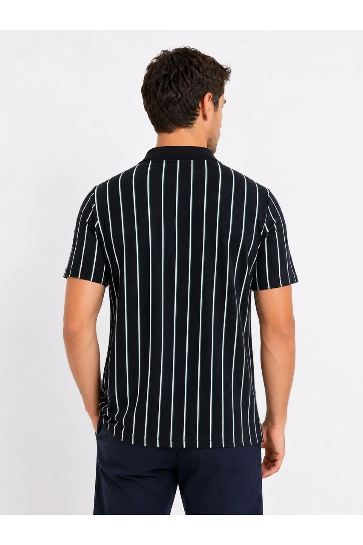 Erkek Pike Kumaş Çizgili Polo Yaka Tişört Kısa Kol Yazlık T-Shirt - Siyah