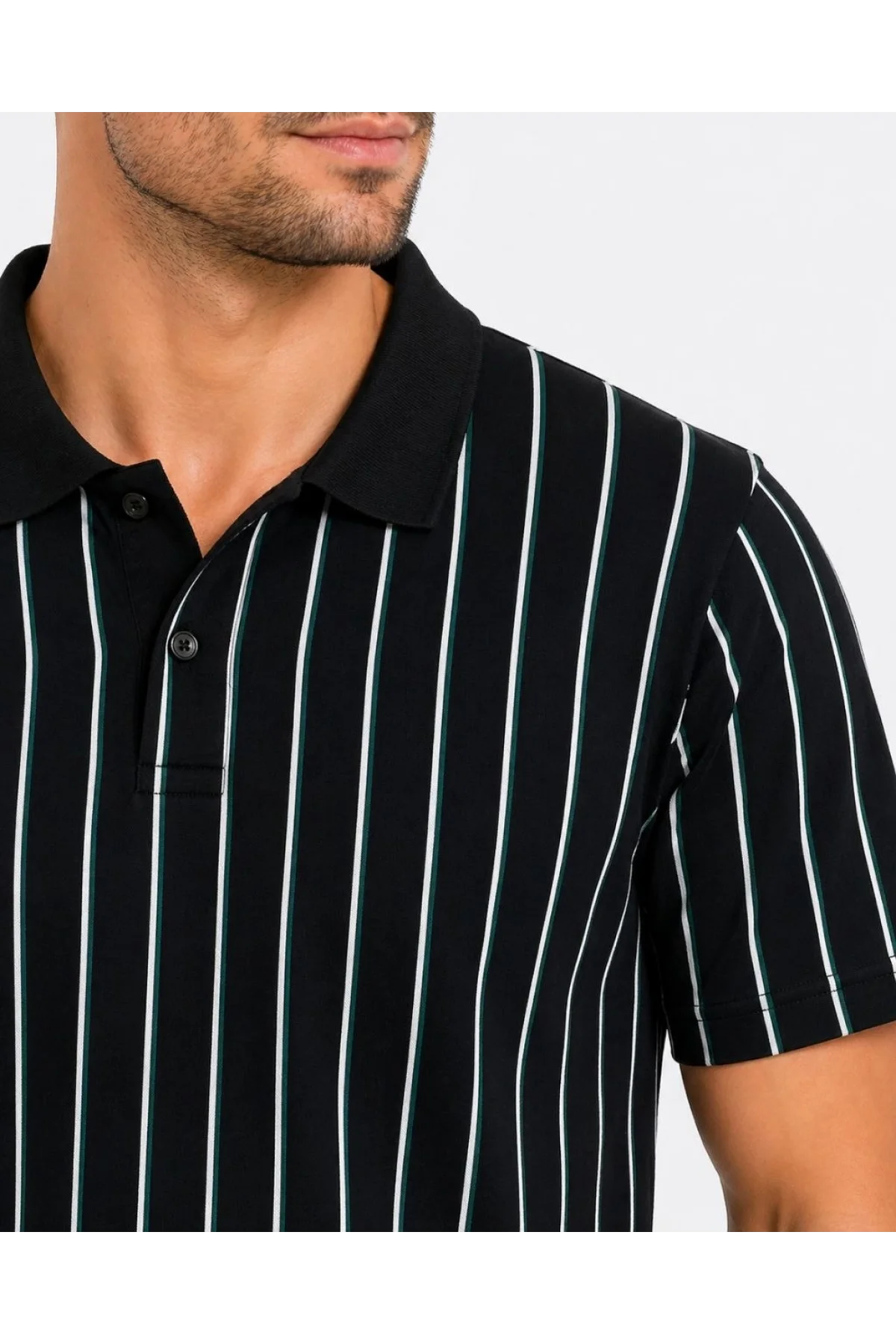Erkek Pike Kumaş Çizgili Polo Yaka Tişört Kısa Kol Yazlık T-Shirt - Siyah