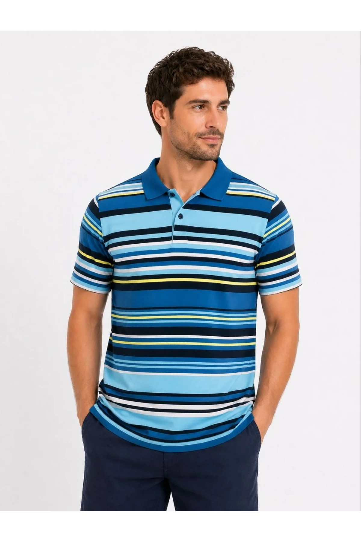 Erkek Çizgili Polo Yaka Tişört Kısa Kol Yazlık T-Shirt Regular Fit - Mavi