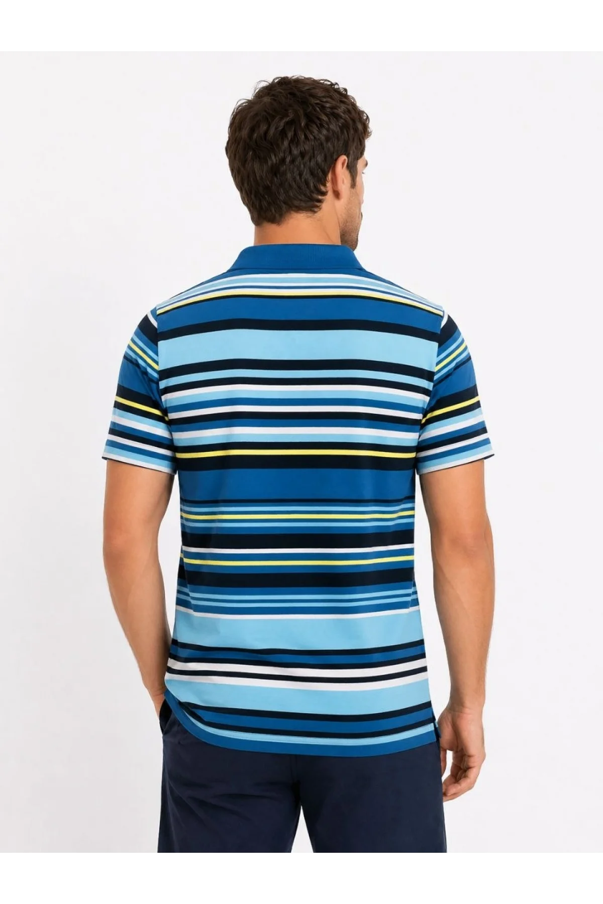Erkek Çizgili Polo Yaka Tişört Kısa Kol Yazlık T-Shirt Regular Fit - Mavi