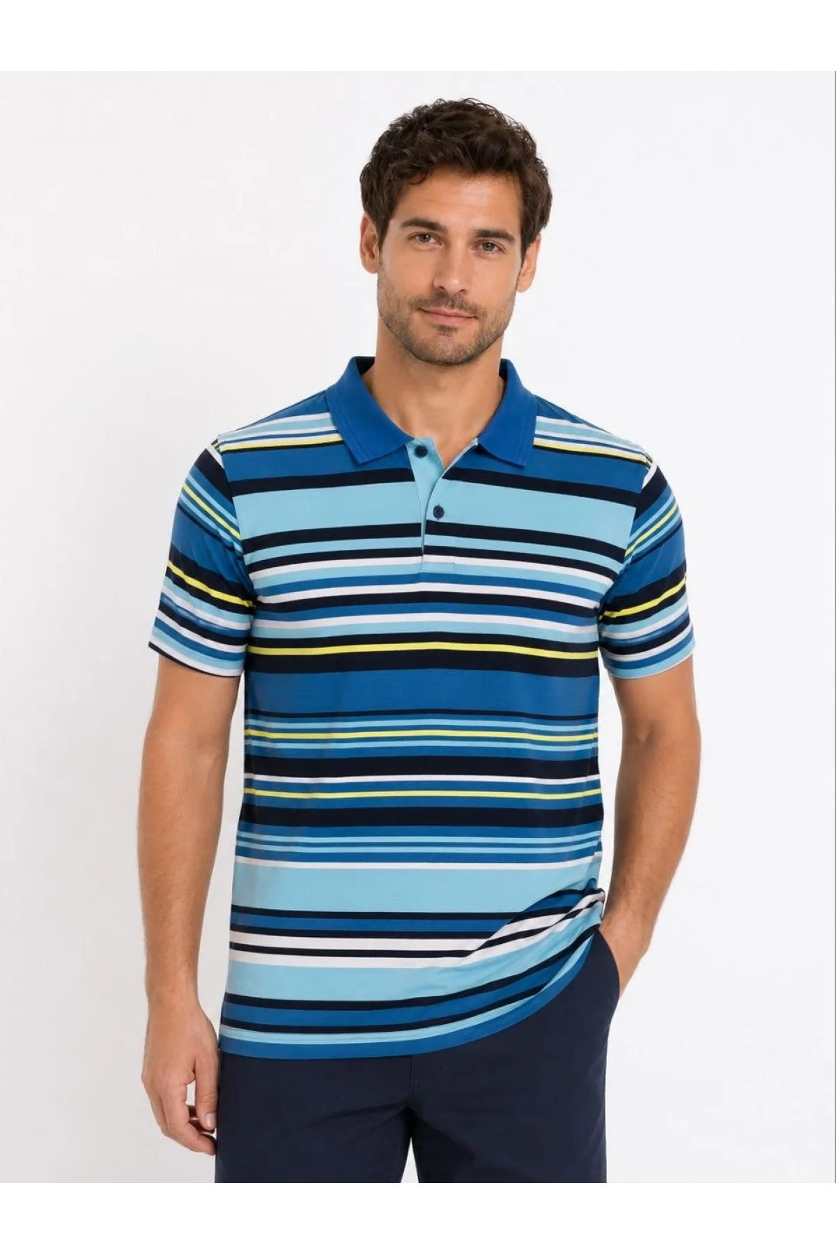 Erkek Çizgili Polo Yaka Tişört Kısa Kol Yazlık T-Shirt Regular Fit - Mavi