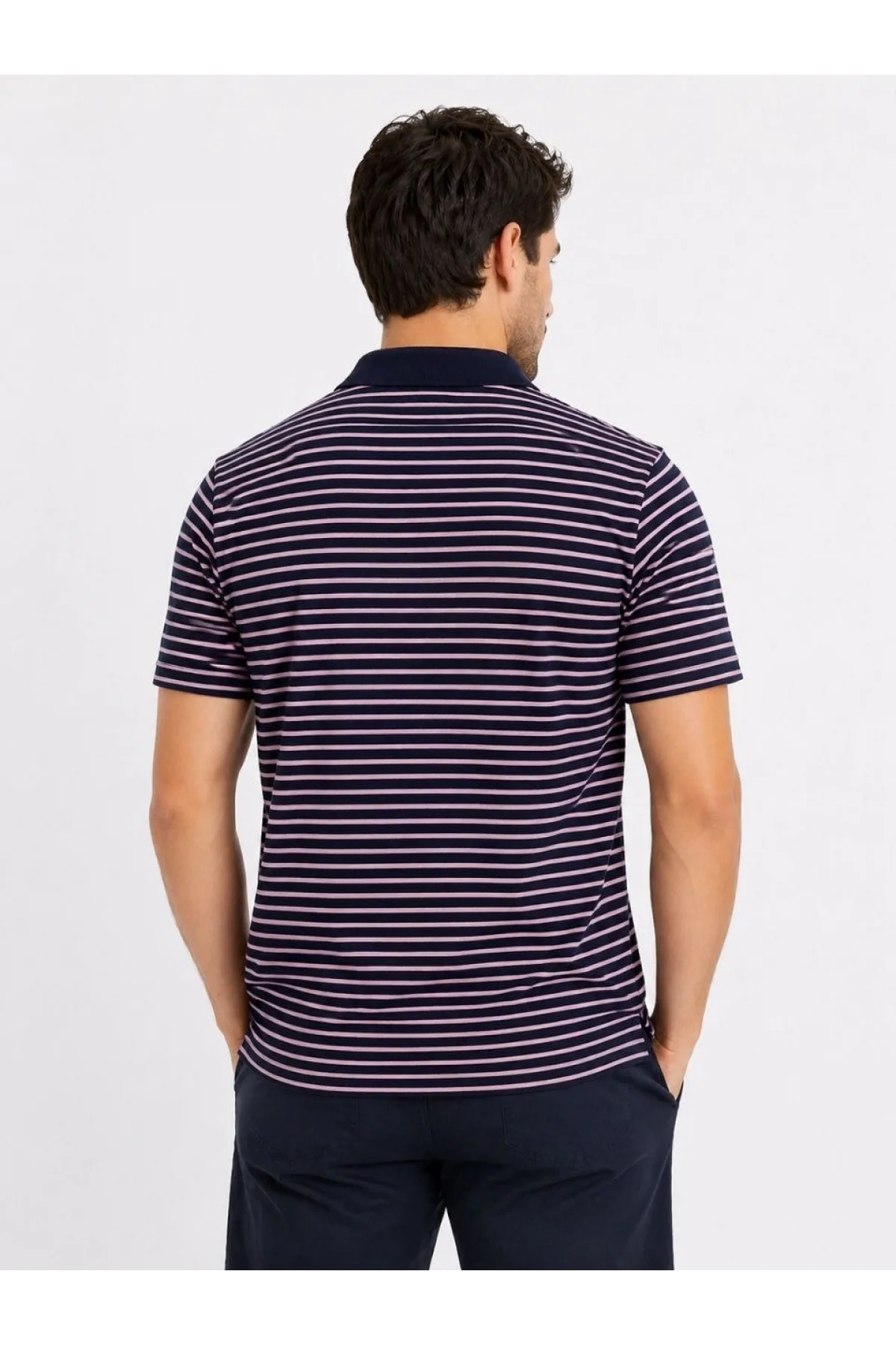 Erkek Pike Kumaş Gül Kurusu Çizgili Polo Yaka Tişört Kısa Kol T-Shirt - Siyah