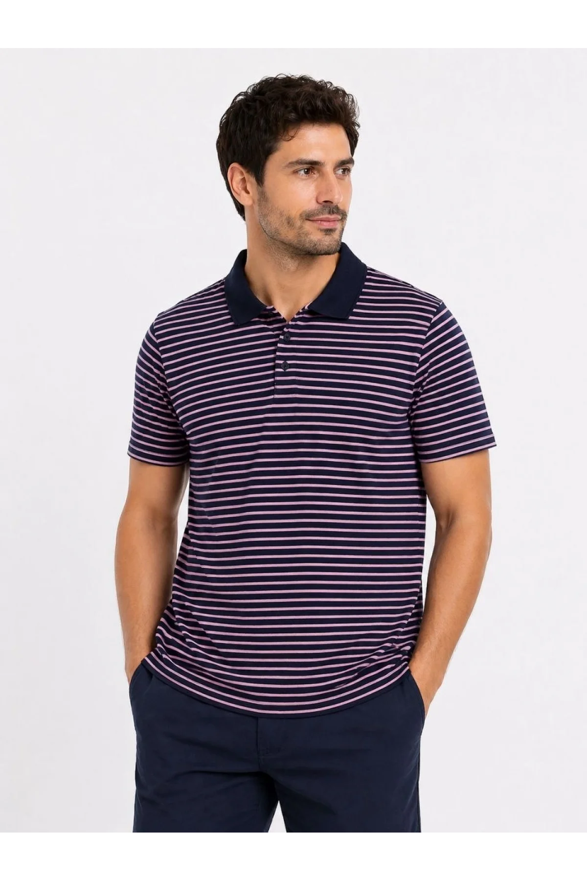 Erkek Pike Kumaş Gül Kurusu Çizgili Polo Yaka Tişört Kısa Kol T-Shirt - Siyah