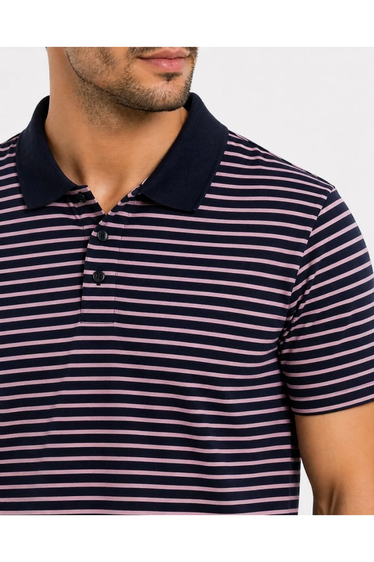 Erkek Pike Kumaş Gül Kurusu Çizgili Polo Yaka Tişört Kısa Kol T-Shirt - Siyah