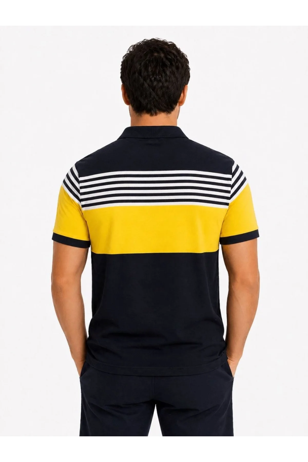Erkek Pike Kumaş Çizgili Polo Yaka Tişört Kısa Kol Yazlık T-Shirt - Lacivert