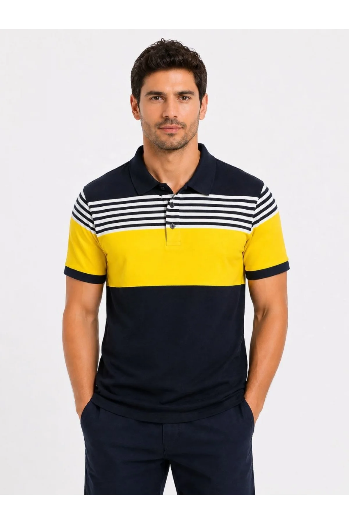 Erkek Pike Kumaş Çizgili Polo Yaka Tişört Kısa Kol Yazlık T-Shirt - Lacivert