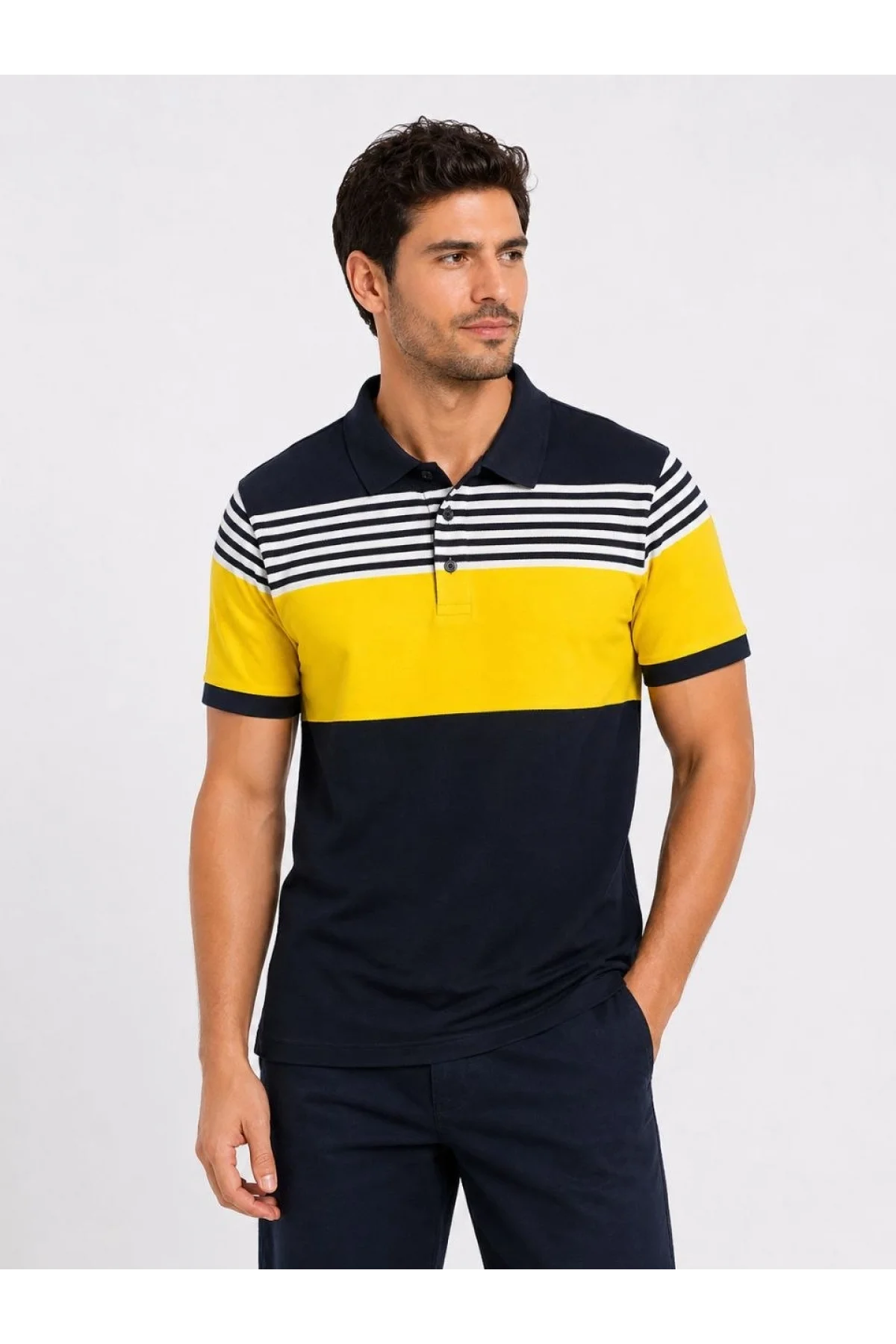 Erkek Pike Kumaş Çizgili Polo Yaka Tişört Kısa Kol Yazlık T-Shirt - Lacivert