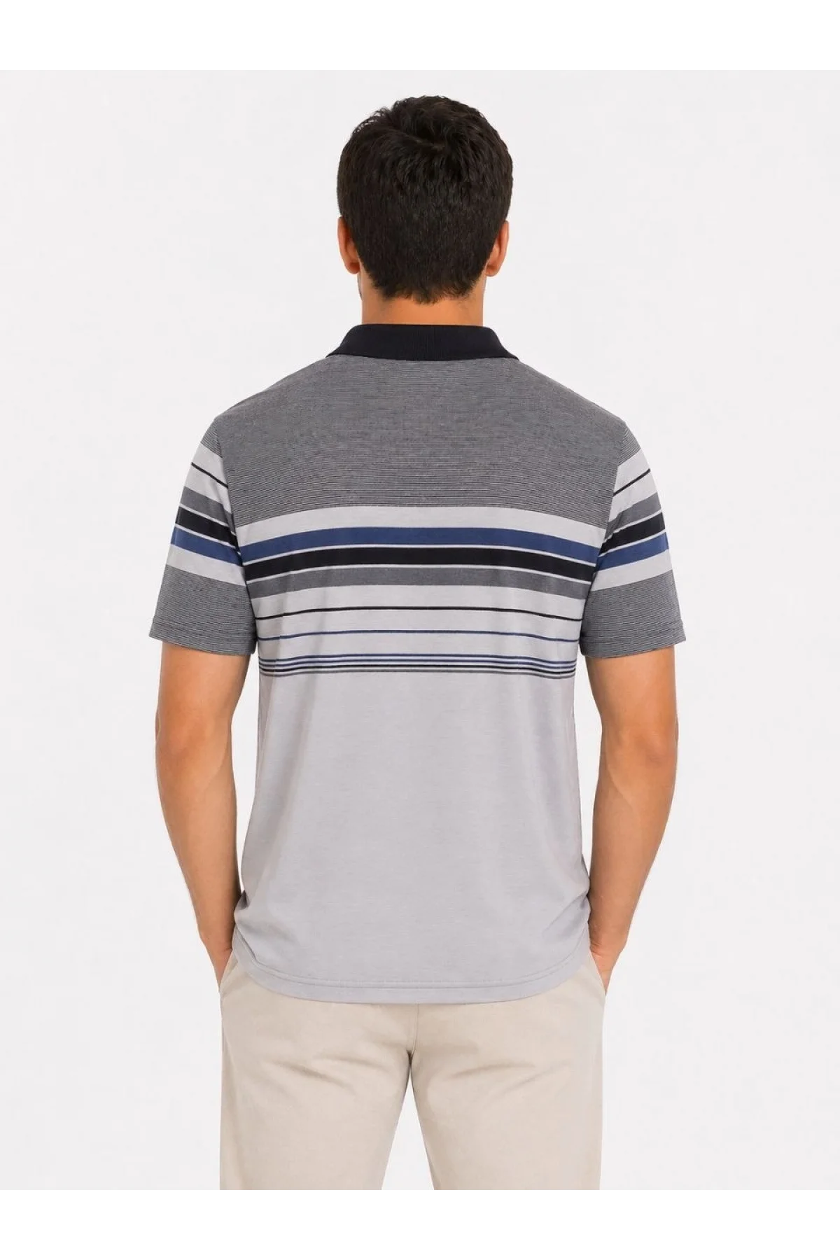 Erkek Flamlı Penye Çizgili Polo Yaka Tişört Kısa Kol Yazlık T-Shirt - Gri