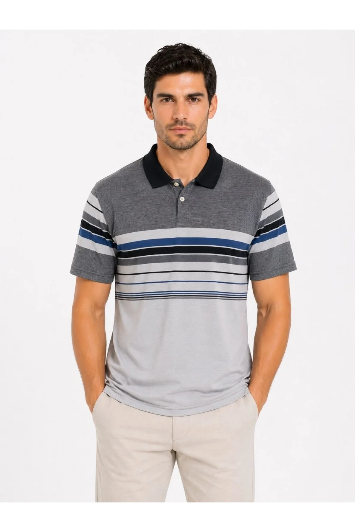 Erkek Flamlı Penye Çizgili Polo Yaka Tişört Kısa Kol Yazlık T-Shirt - Gri