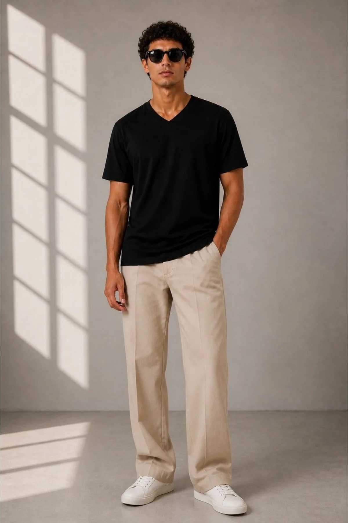 Erkek V Yaka Basic Tişört Kısa Kol Yazlık Regular Fit T-Shirt - Siyah