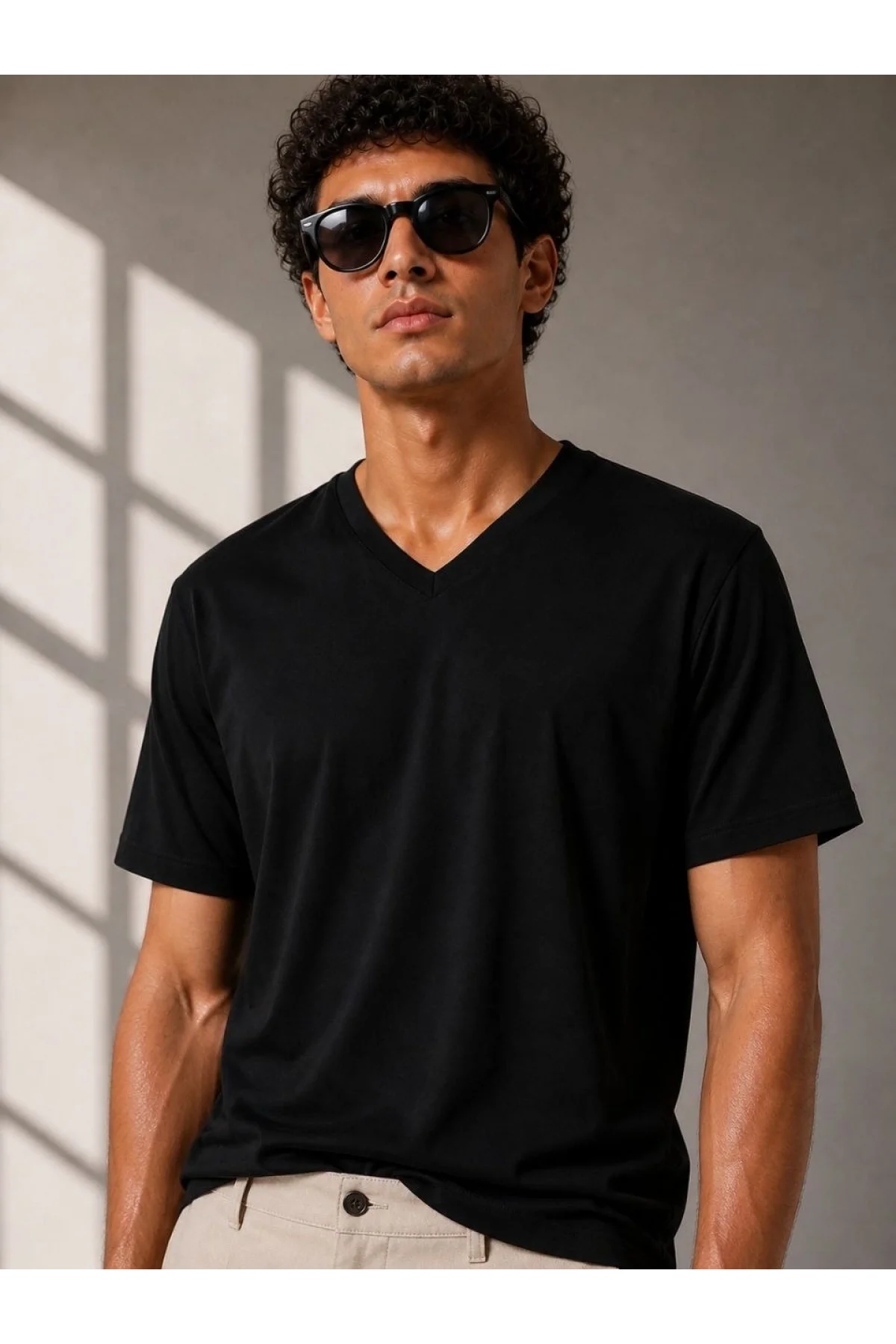 Erkek V Yaka Basic Tişört Kısa Kol Yazlık Regular Fit T-Shirt - Siyah