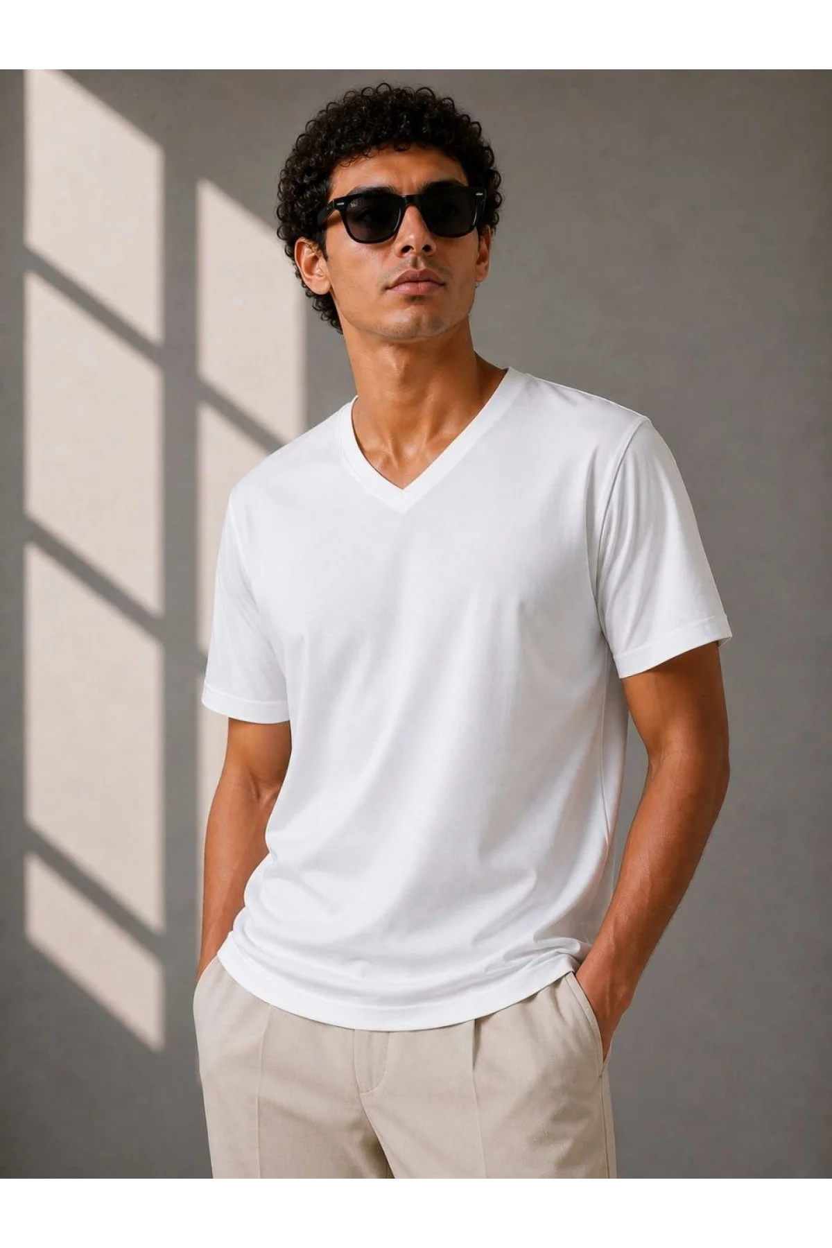Erkek V Yaka Basic Tişört Kısa Kol Yazlık Regular Fit T-Shirt - Beyaz