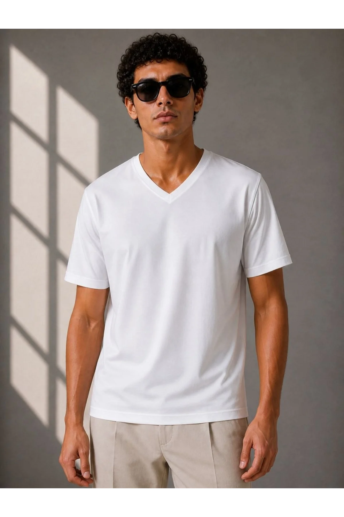 Erkek V Yaka Basic Tişört Kısa Kol Yazlık Regular Fit T-Shirt - Beyaz
