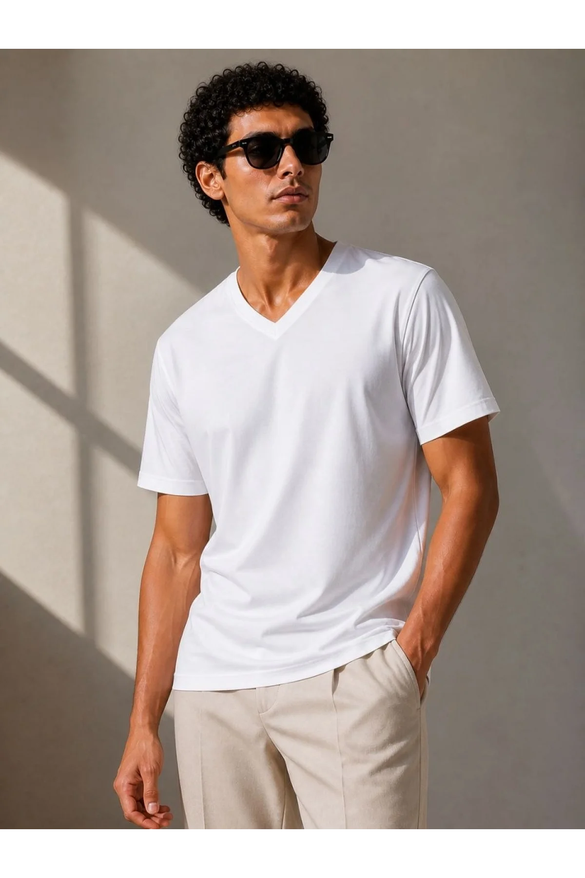 Erkek V Yaka Basic Tişört Kısa Kol Yazlık Regular Fit T-Shirt - Beyaz