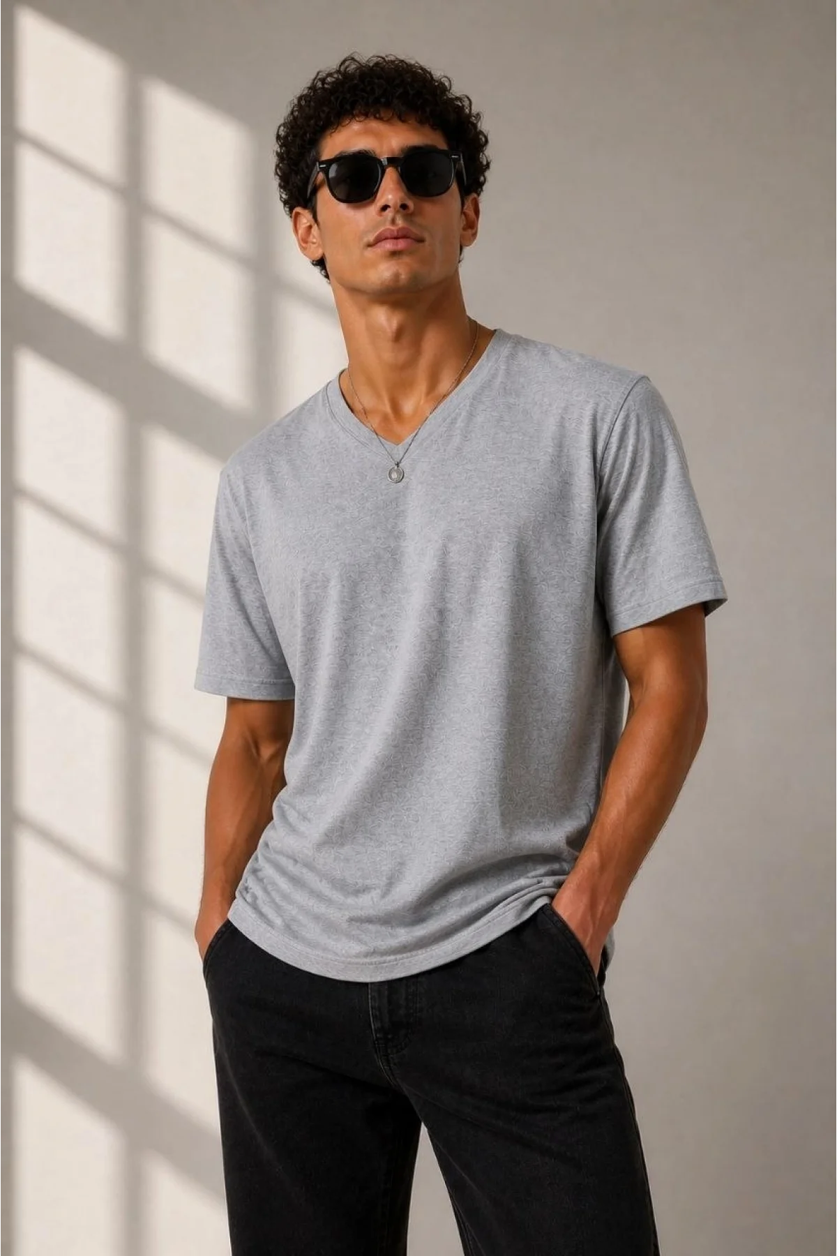 Erkek V Yaka Basic Tişört Kısa Kol Yazlık Regular Fit T-Shirt - Gri