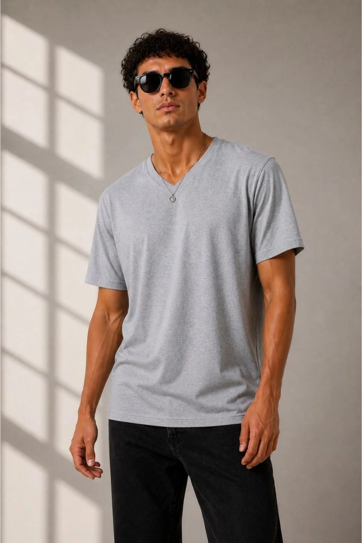 Erkek V Yaka Basic Tişört Kısa Kol Yazlık Regular Fit T-Shirt - Gri
