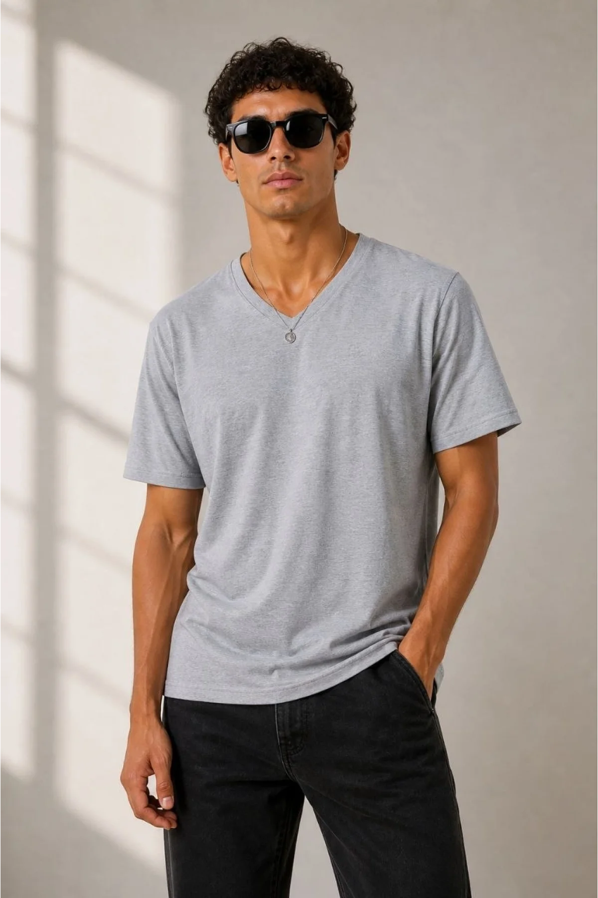 Erkek V Yaka Basic Tişört Kısa Kol Yazlık Regular Fit T-Shirt - Gri