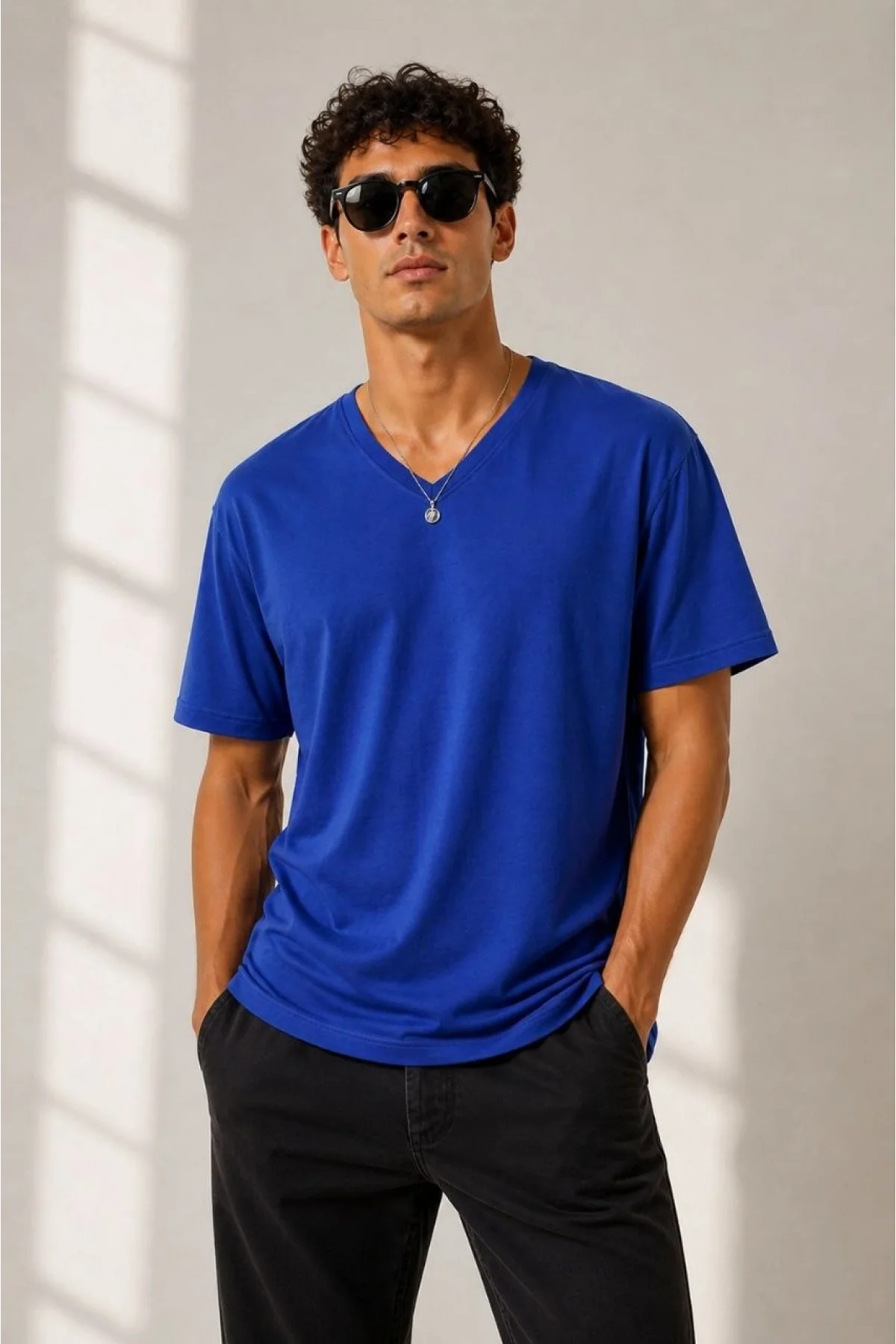 Erkek V Yaka Basic Tişört Kısa Kol Yazlık Regular Fit T-Shirt - Saks Mavisi
