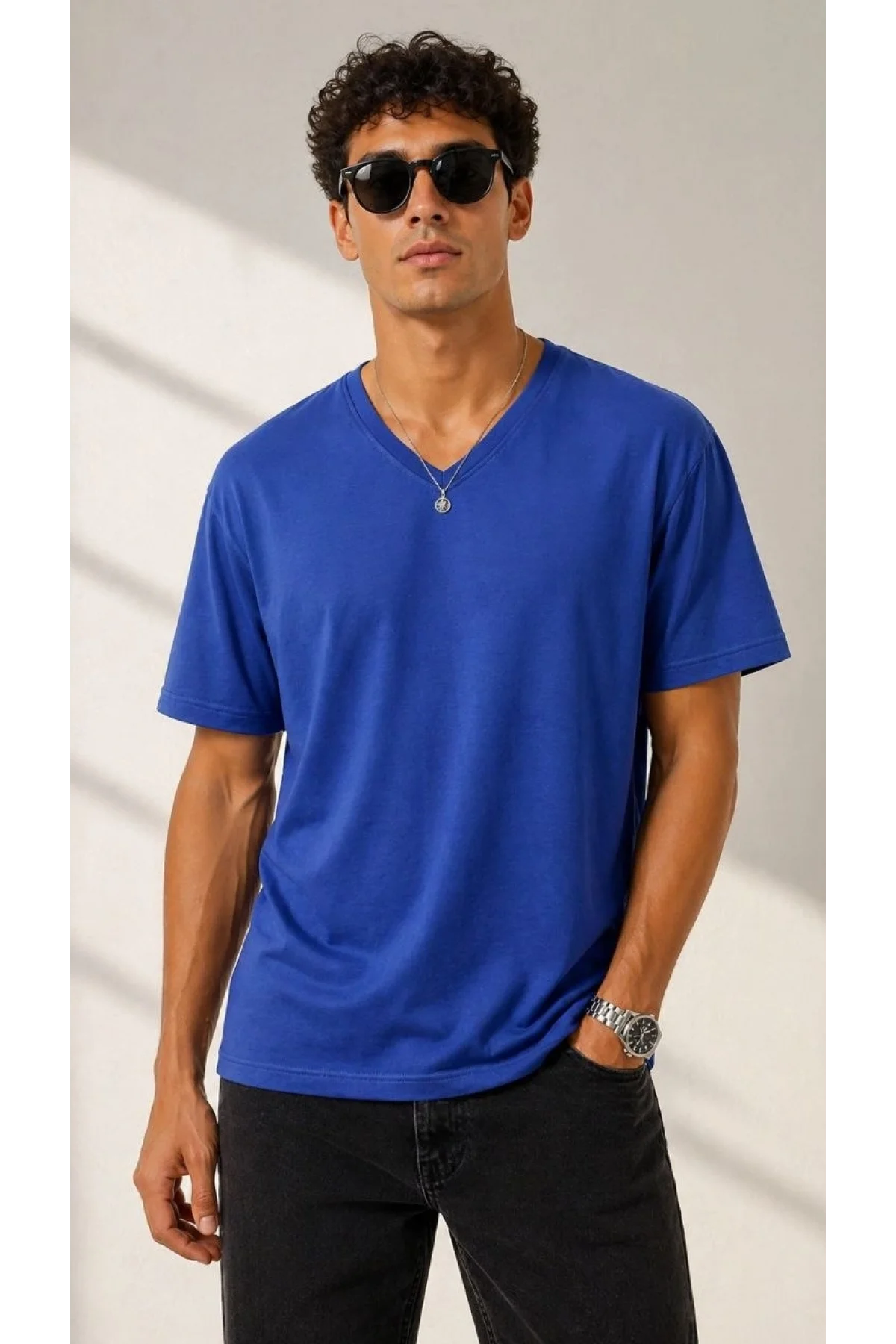Erkek V Yaka Basic Tişört Kısa Kol Yazlık Regular Fit T-Shirt - Saks Mavisi