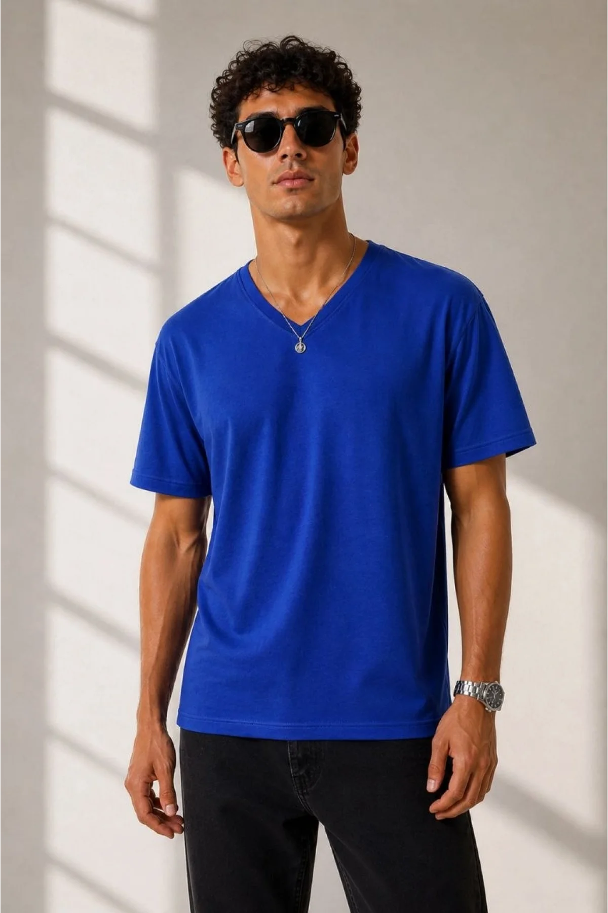 Erkek V Yaka Basic Tişört Kısa Kol Yazlık Regular Fit T-Shirt - Saks Mavisi