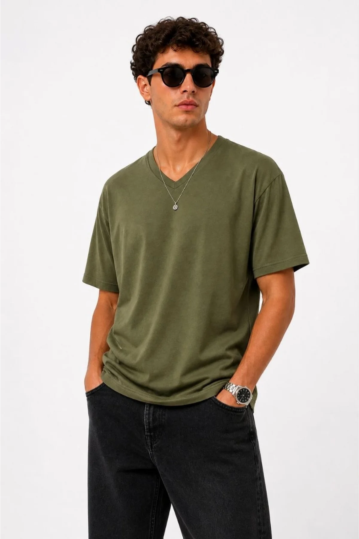 Erkek V Yaka Basic Tişört Kısa Kol Yazlık Regular Fit T-Shirt - Haki