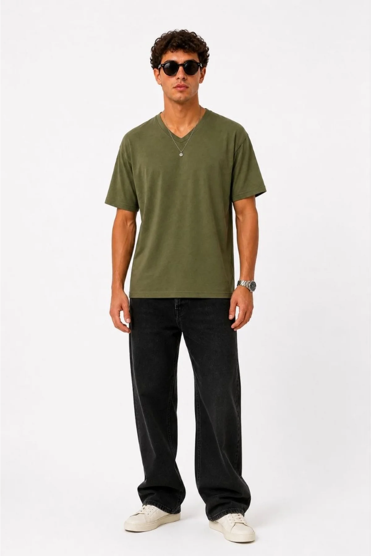 Erkek V Yaka Basic Tişört Kısa Kol Yazlık Regular Fit T-Shirt - Haki