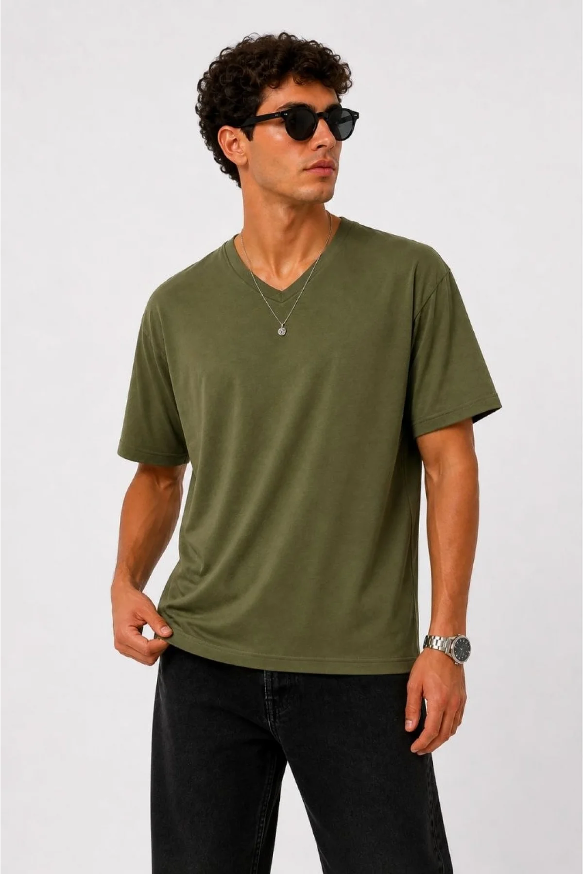 Erkek V Yaka Basic Tişört Kısa Kol Yazlık Regular Fit T-Shirt - Haki