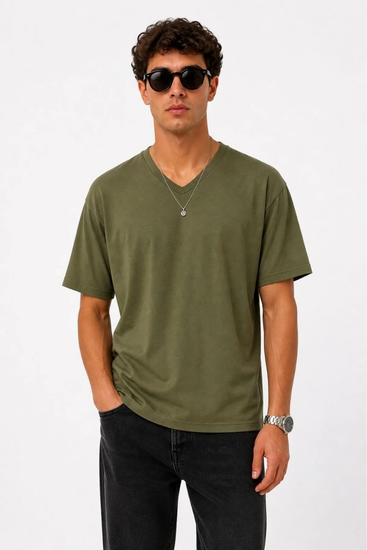 Erkek V Yaka Basic Tişört Kısa Kol Yazlık Regular Fit T-Shirt - Haki
