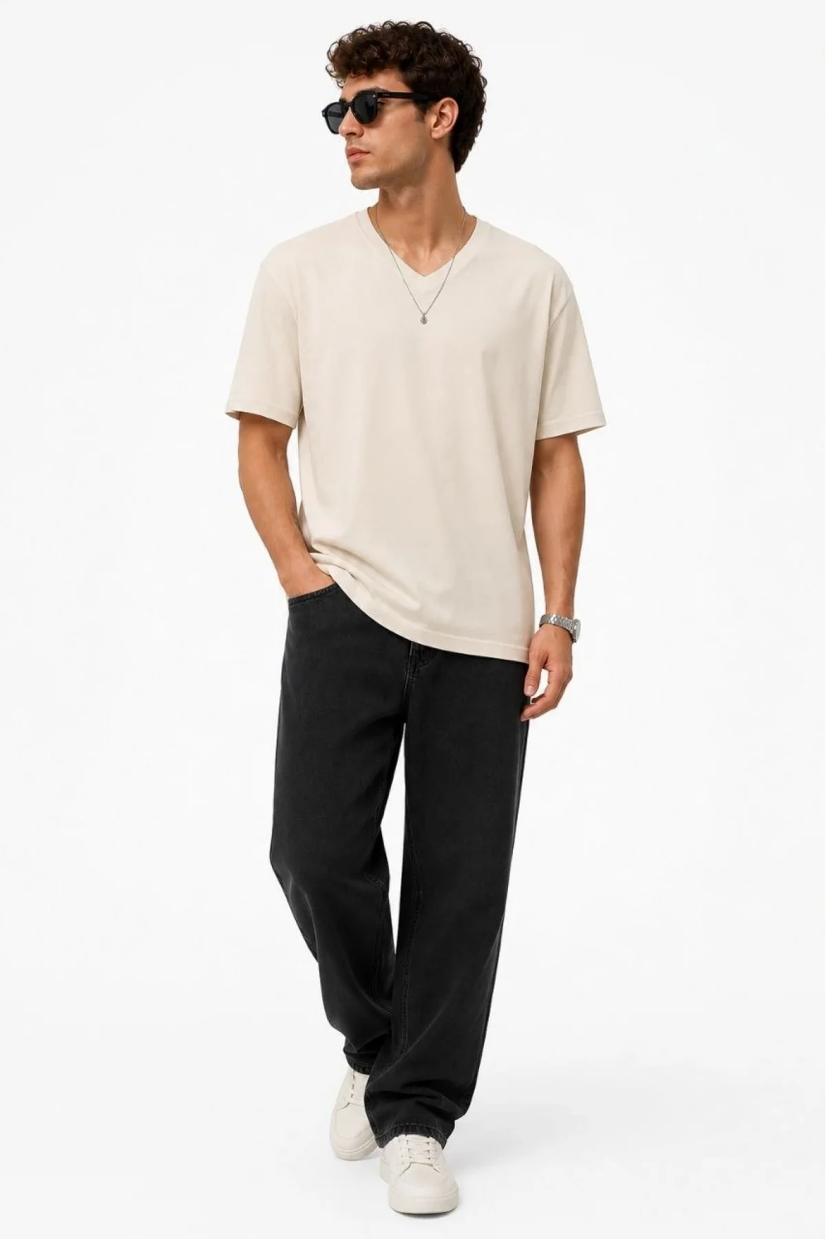 Erkek V Yaka Basic Tişört Kısa Kol Yazlık Regular Fit T-Shirt - Bej