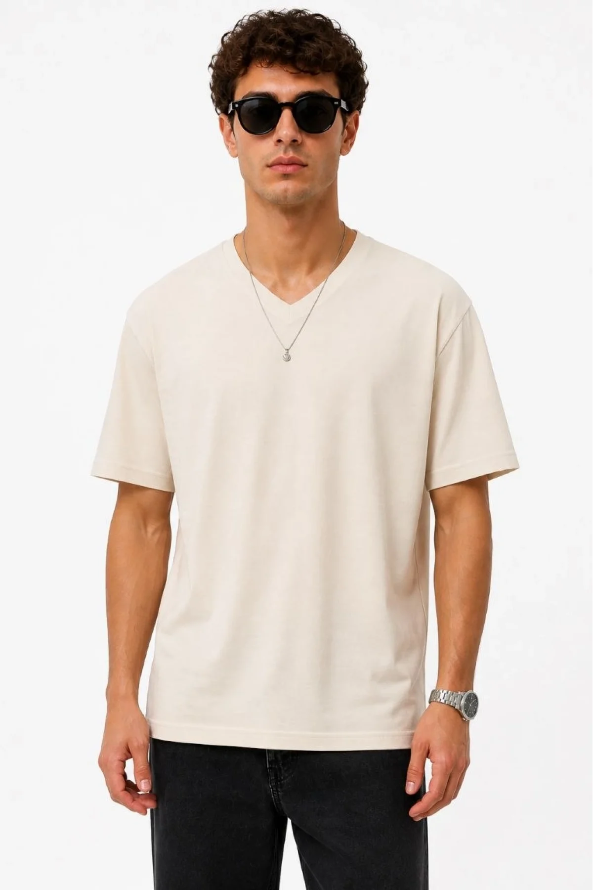 Erkek V Yaka Basic Tişört Kısa Kol Yazlık Regular Fit T-Shirt - Bej