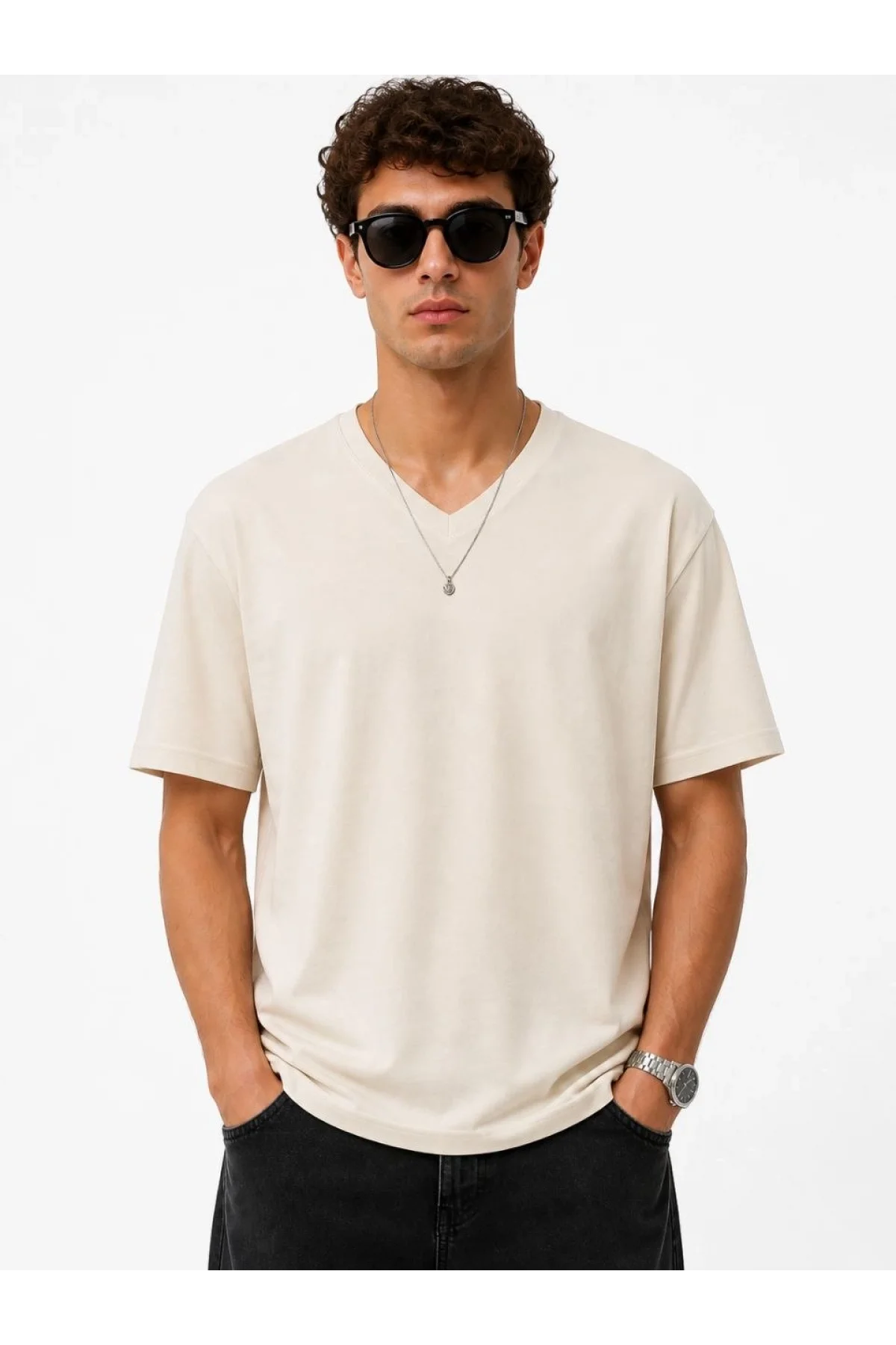 Erkek V Yaka Basic Tişört Kısa Kol Yazlık Regular Fit T-Shirt - Bej