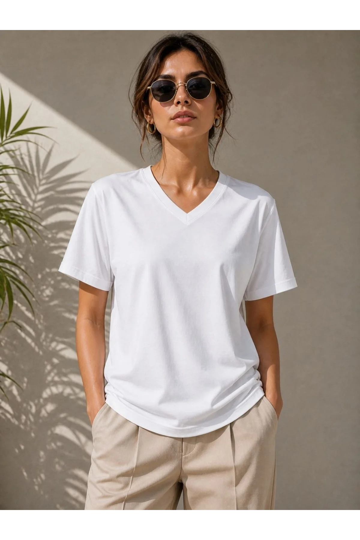 Kadın V Yaka Basic Tişört Kısa Kol Yazlık Regular Fit T-Shirt - Beyaz
